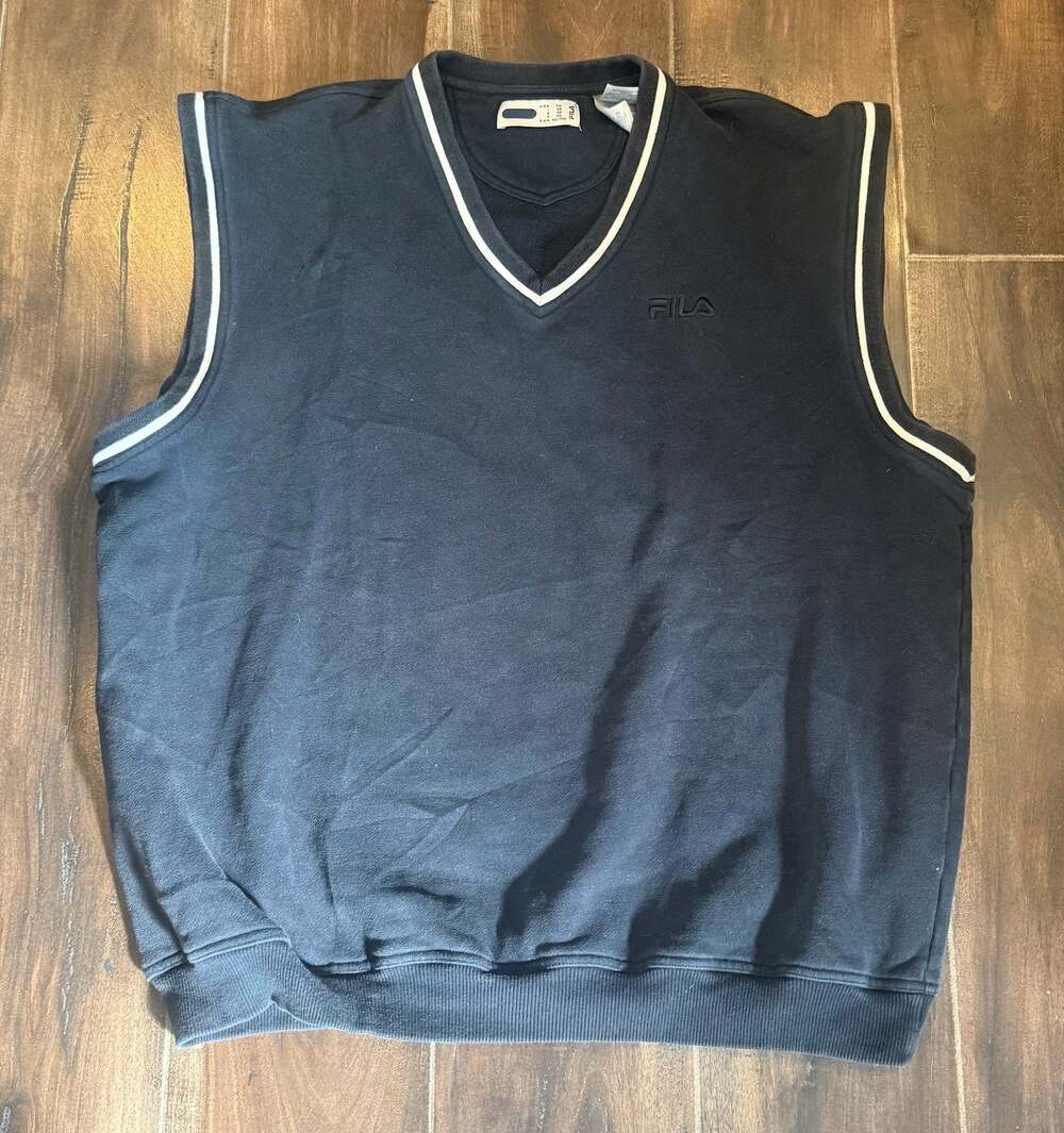 Vintage Fila V-Neck Fleece Sweater Vest with White Trim Size XXL